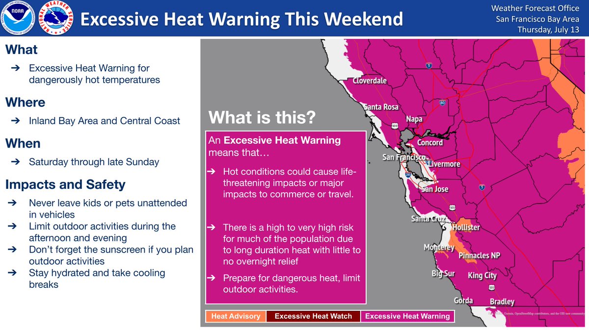 NWSBayArea's tweet image. Dangerous heat expected for inland areas this weekend with a moderate to high HeatRisk. Stay hydrated, avoid outdoor activities during the afternoon, and remember to never leave people or pets in locked vehicles. Stay safe! #cawx