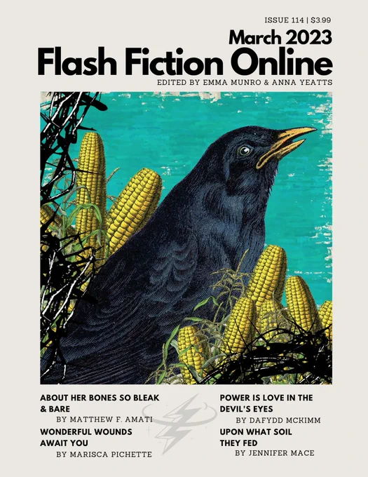 Cover of Flash Fiction Online, March 2023, edited by Emma Munro and Anna Yeatts. Design shows a raven/crow with a yellow beak in profile, facing right. Teal background with ears of shucked corn and snarls of black thorns.
