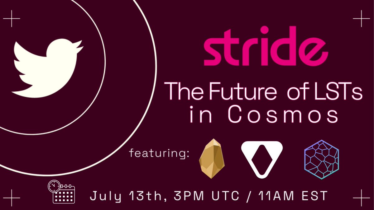 stride_zone's tweet photo. What’s on the cutting edge of Cosmos LST DeFi?

Let's find out!

In 3 hours, join us for a discussion with @AmuletFinance, @insaneinthembrn, @tenet_org, and @entrypointzone.

These are all new DeFi protocols coming to Cosmos soon 🤩

See you there! 👉 https://t.co/00MTscNIqQ https://t.co/J4f5DtUDKQ