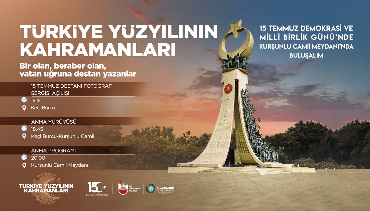 Türkiye Yüzyılı'nın kahramanlık destanı olan;

#15TemmuzDemokrasiveMilliBirlikGünü'nde tüm halkımızı

📍Kurşunlu Camii Meydanı'nda düzenlenecek anma programına davet ediyoruz. 🇹🇷🇹🇷🇹🇷

Şehitlerimize ve Gazilerimize Saygıyla...

#TürkiyeYüzyılınınKahramanları