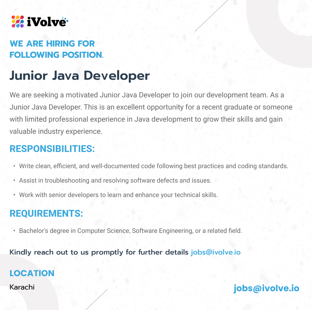 Title: Junior Java Developer

Location: Karachi

Job Description:

We are seeking a motivated and talented Junior Java Developer to join our development team.

#hiring #job #opportunities #jobalert #nowhiring #nowrecruiting #jobopening #joinourteam #karachijobs #javadeveloperjobs