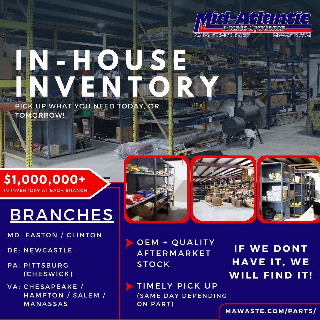 MAWasteSystems's tweet photo. Mid-Atlantic Waste Systems has one of the BIGGEST in-house inventories in the industry! We have over 1 million dollars' worth of inventory at each of our 8 branches that consists of OEM and quality aftermarket parts! 

Connect with a Parts Specialist: https://t.co/OK0YK5nl6s https://t.co/AHT9AxvO8I