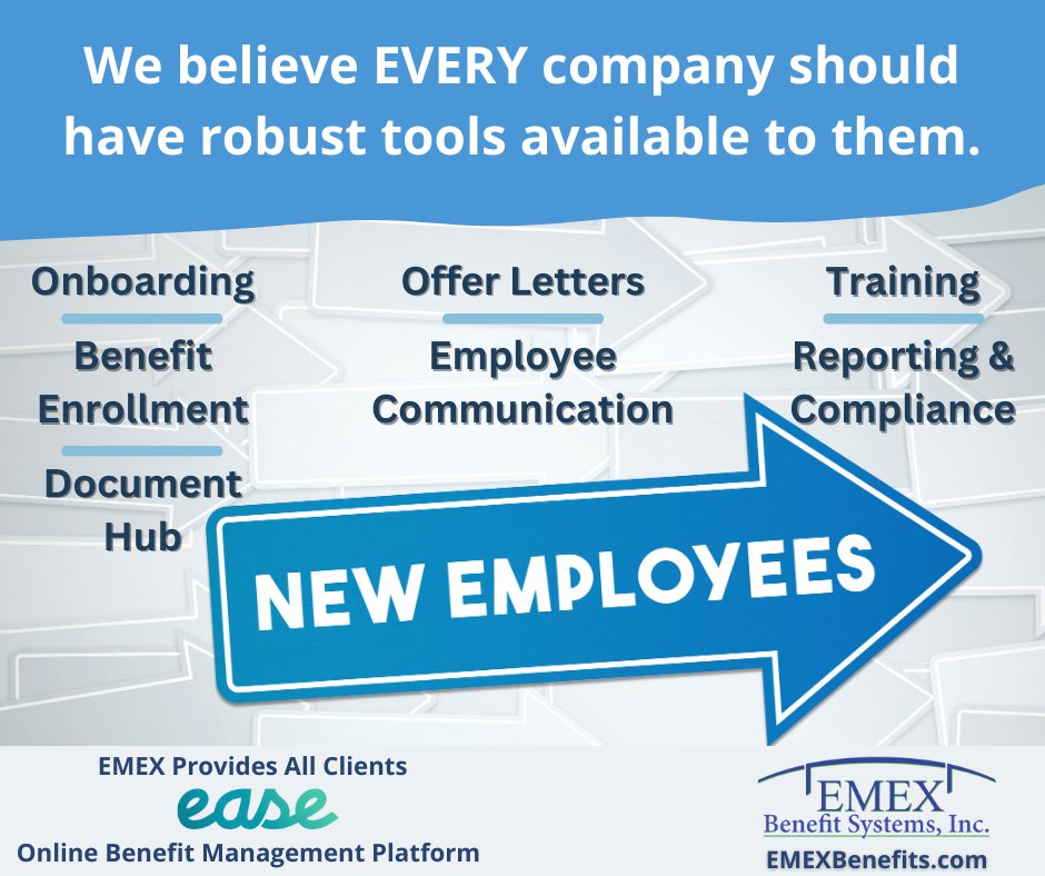 EmexBenefits's tweet image. You don't have to be a big outfit, with an entire HR department to manage it all.
EASE and EMEX Benefits allow you to remain compliant and give new employees a GREAT 1st Day!
#EasySystems #MakeItSimple #BenefitManagement
