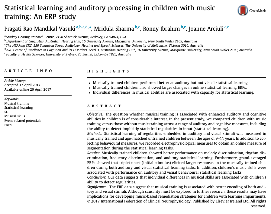 ClinicalNeuroph's tweet photo. [ERP study of music training] Mandikal Vasuki “The event-related potential (ERP) data suggest that musical training is associated with better encoding of both auditory and visual stimuli.”

https://t.co/ngZZujsNKJ
@StarkeyCares 
#ERP #MusicalTraining #ClinicalNeuroph https://t.co/xtUCDy2KfY