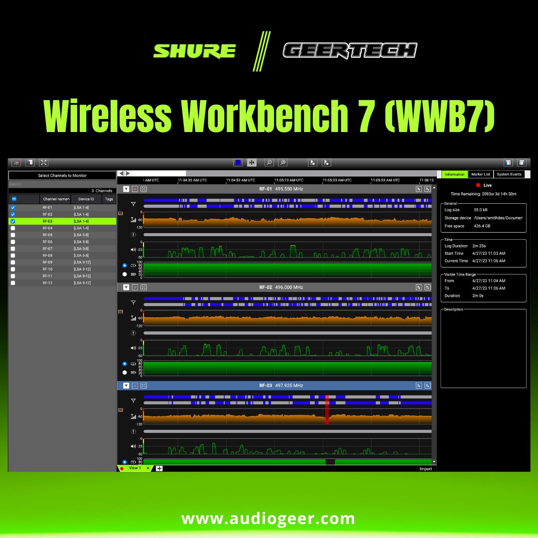 GeerTech's tweet image. Wireless Workbench 7 (WWB7) equips audio professionals with comprehensive RF spectrum management tools. Prepare yourself for success in any location. Download it now ow.ly/OI9f50P70RR

#GeerTalk #ProAudio #ProAV #ProAVL #AVL #AVTweeps #Shure #SoundExtraordinary