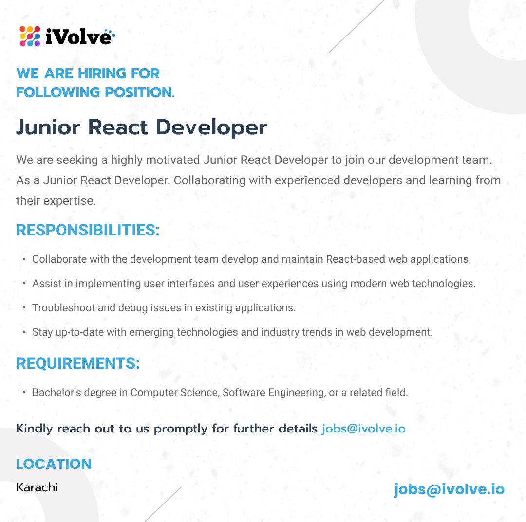 Job Post: Junior React Developer

Location: Karachi

Job Description: We are seeking a highly motivated and talented Junior React Developer to join our development team. 

#hiring #job #jobalert #nowhiring #nowrecruiting #jobopening #joinourteam #karachijobs #reactdeveloper