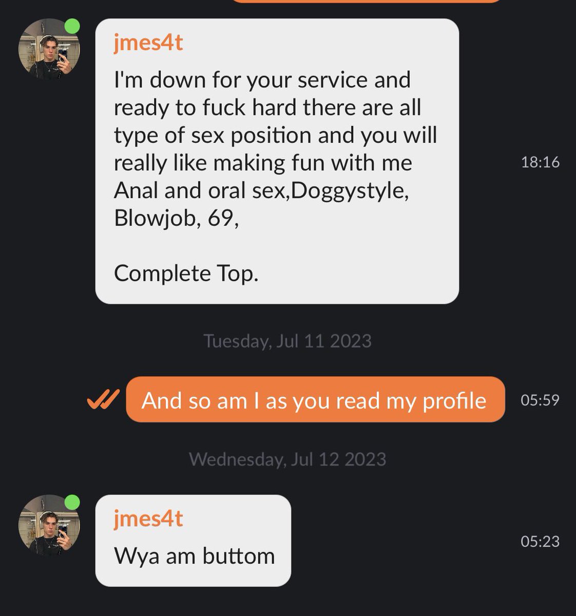 SDvrTop's tweet photo. I have to admit, the scammers on @adam4adam are hilarious.  They never read the profiles and this one went from total top to a bottom in less than 24 hours https://t.co/5Lqj0J6n0y