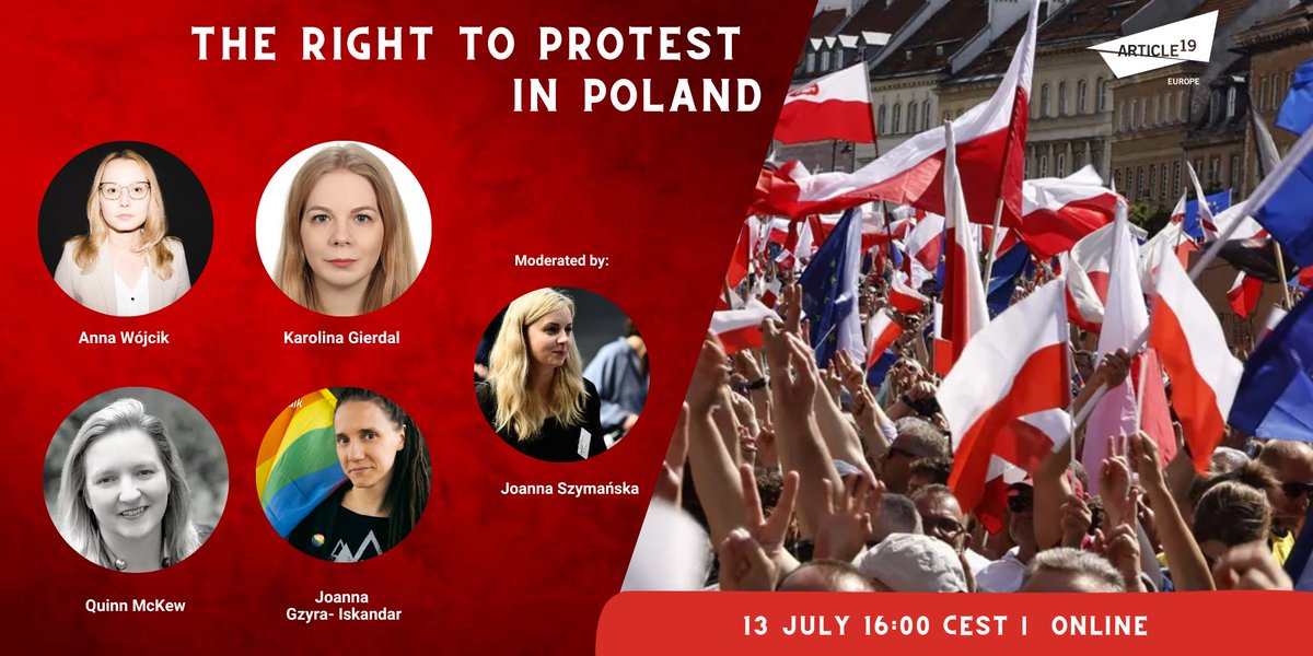 🔔The Right To Protest in Poland Come and join us for a vital discussion on a recent wave of mobilisation of civil society in 🇵🇱 to protect fundamental #humanrights - and how the state response became more violent. #FreeToProtest TODAY 16:00 Join: article19.org/resources/even…