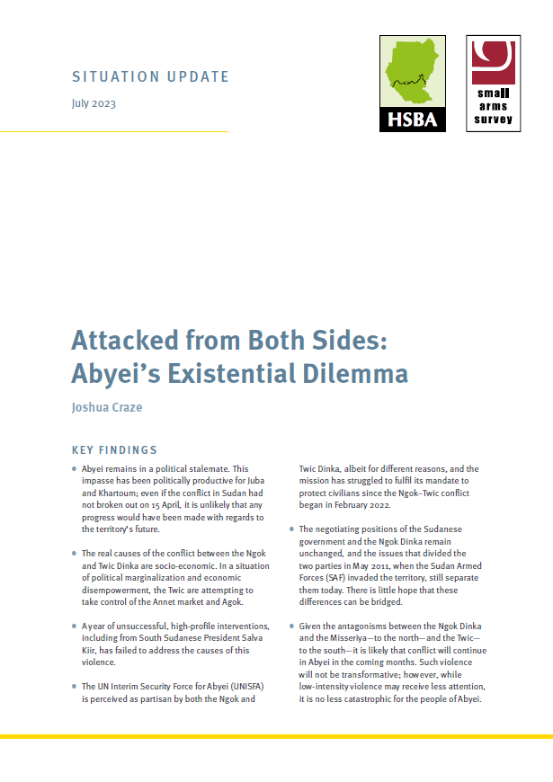 SmallArmsSurvey's tweet photo. New #SituationUpdate on #Abyei
The Ngok–Twic conflict continues to keep Abyei in a political stasis, and its citizens in the crossfire. 
Read more in ‘Attacked from Both Sides: Abyei’s Existential Dilemma’
https://t.co/aJks2G6wdm https://t.co/p5PM1hxCZD