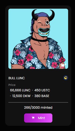 Bull_Lunc4live's tweet photo. The cheapest price for #NFTCollection that support payment on $dkw $ustc and $base
You can mint with $dkw and stake it to earn some #lunc
Don't miss it while price still juice dip!
#LuncArmy #LUNCommunity https://t.co/aTx3GDOnPA