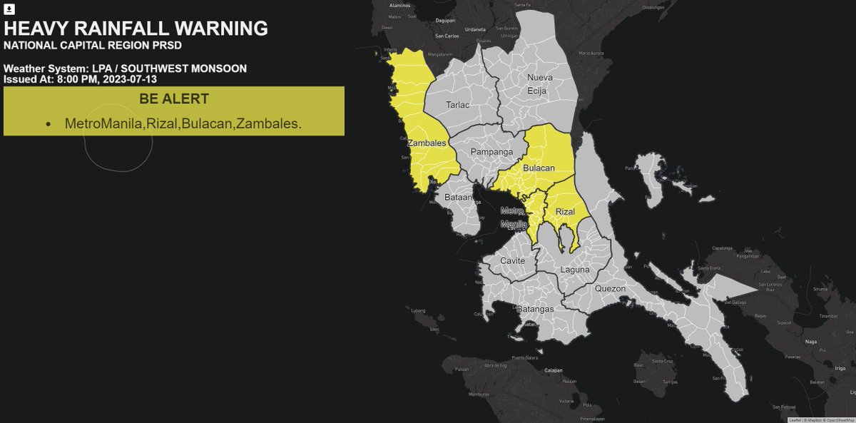 dost_pagasa's tweet photo. Heavy Rainfall Warning No. 4  NCR_PRSD
Weather System: LPA / SOUTHWEST MONSOON
Issued at: 8:00 PM,13 July 2023

Yellow Warning: MetroManila, Rizal, Bulacan, Zambales.
Associated Hazard: FLOODING in flood-prone areas

Meanwhile, Light to moderate with occasional heavy rains affecting Tarlac, NuevaEcija,Bataan, Pampanga, Cavite, Laguna, Batangas, Quezon which may persist within 3 hours.

The public and the Disaster Risk Reduction and Management Offices concerned are advised to MONITOR the weather condition and watch for the next advisory to be issued at 11:00 PM Today.

For more information and queries, please call telephone numbers 8922-1992 and 8927-1335 or log on to https://t.co/UVDoibkVeg.