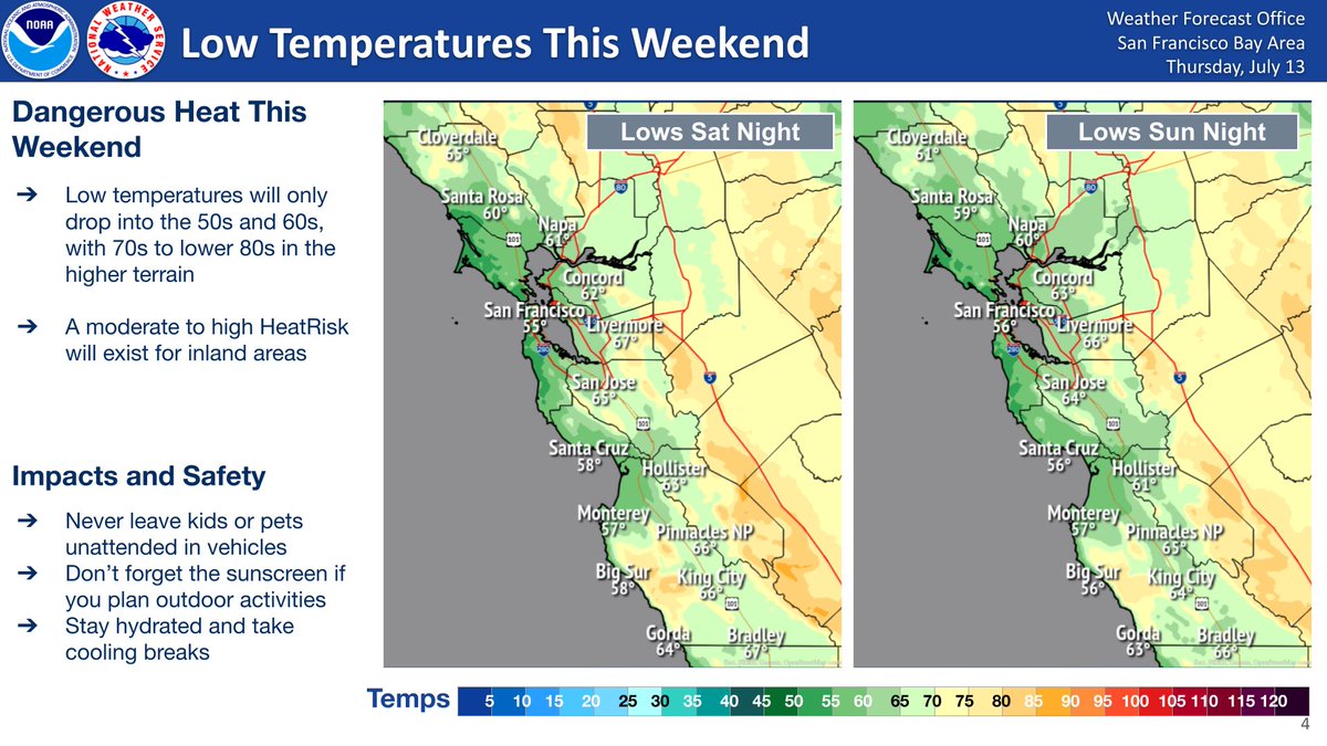 NWSBayArea's tweet image. Dangerous heat expected for inland areas this weekend with a moderate to high HeatRisk. Stay hydrated, avoid outdoor activities during the afternoon, and remember to never leave people or pets in locked vehicles. Stay safe! #cawx