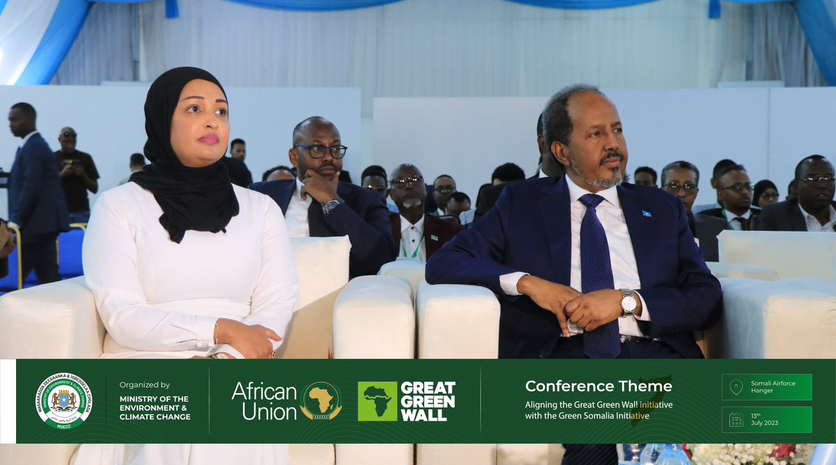 MoECC_Somalia's tweet photo. The moment we've been waiting for! The President of the Republic, H.E. Dr. Hassan Sh. Mohamud, takes the stage launching the event and highlighting the commitment of the government towards environmental conservation and climate action. #GGWI #GreenSomalia https://t.co/rdKCX6EtiI