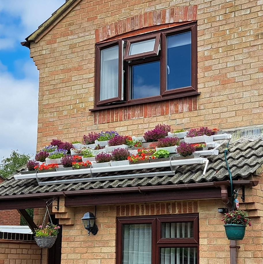The ideas keep on coming for alternative use of our products! This customer has sent in some lovely images of how they have used our Rainwater products to brighten up their garden!

They have mounted sections of square line guttering onto their roof turning it into 'green space'.