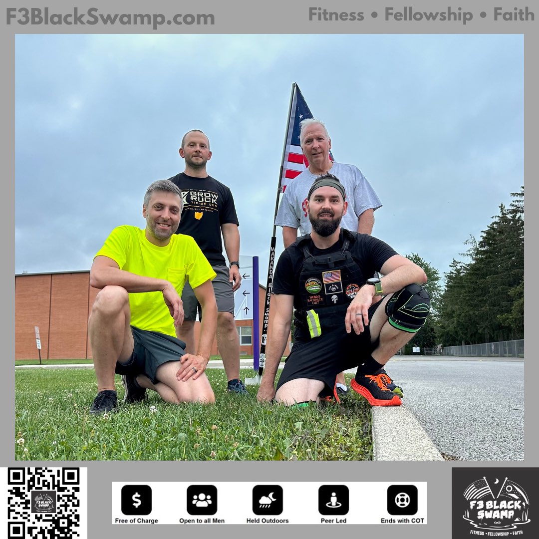 F3BlackSwamp's tweet image. Four AO’s, FNG’s, 2.0’s, VQ’s, #DownRange, and #UpRange. The Swamp was hopping this morning! Miss your chance? Join us this evening. Message for more info. 

#F3 #F3BlackSwamp #IronSharpensIron #Fitness #Fellowship #Faith
