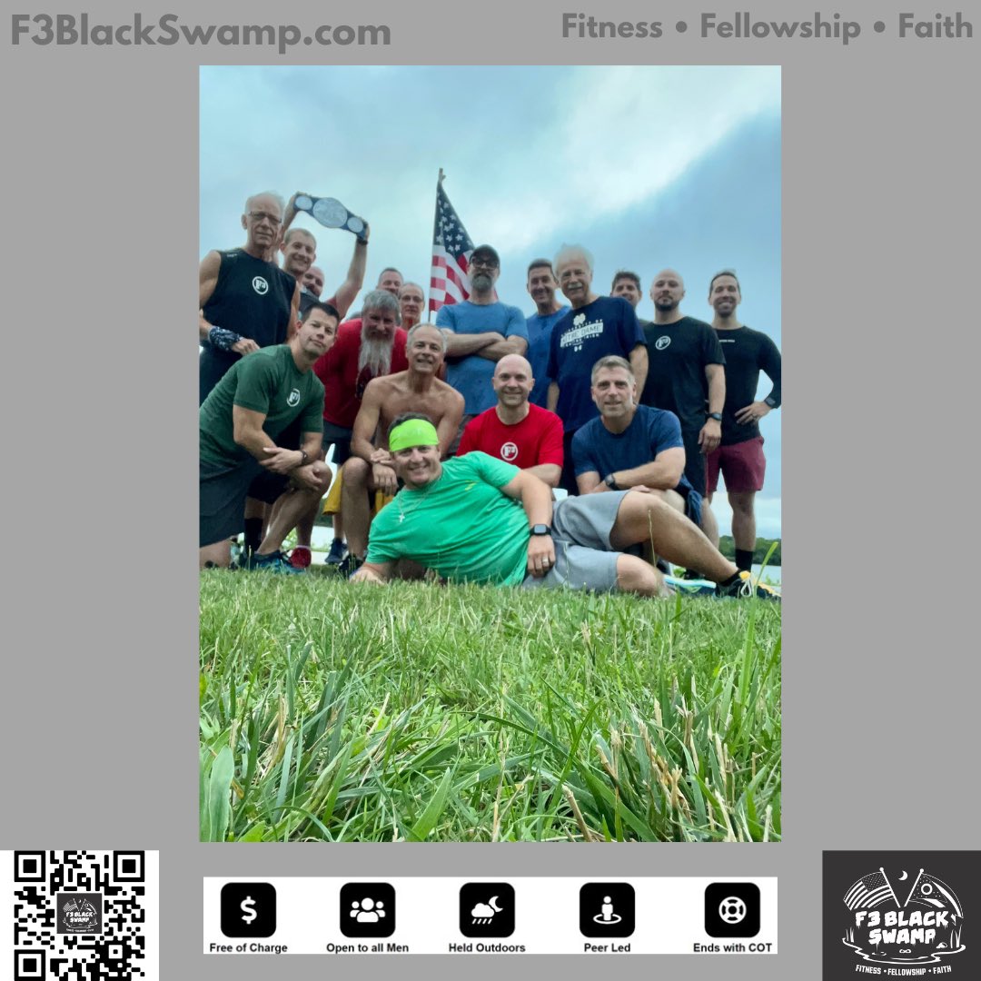 F3BlackSwamp's tweet image. Four AO’s, FNG’s, 2.0’s, VQ’s, #DownRange, and #UpRange. The Swamp was hopping this morning! Miss your chance? Join us this evening. Message for more info. 

#F3 #F3BlackSwamp #IronSharpensIron #Fitness #Fellowship #Faith