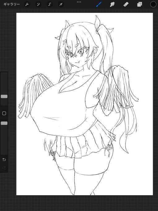 胸に合わせて丈を長くすると、、、へそが隠れて魅力半減というかチアじゃ無くなる、、、描きなおし! 