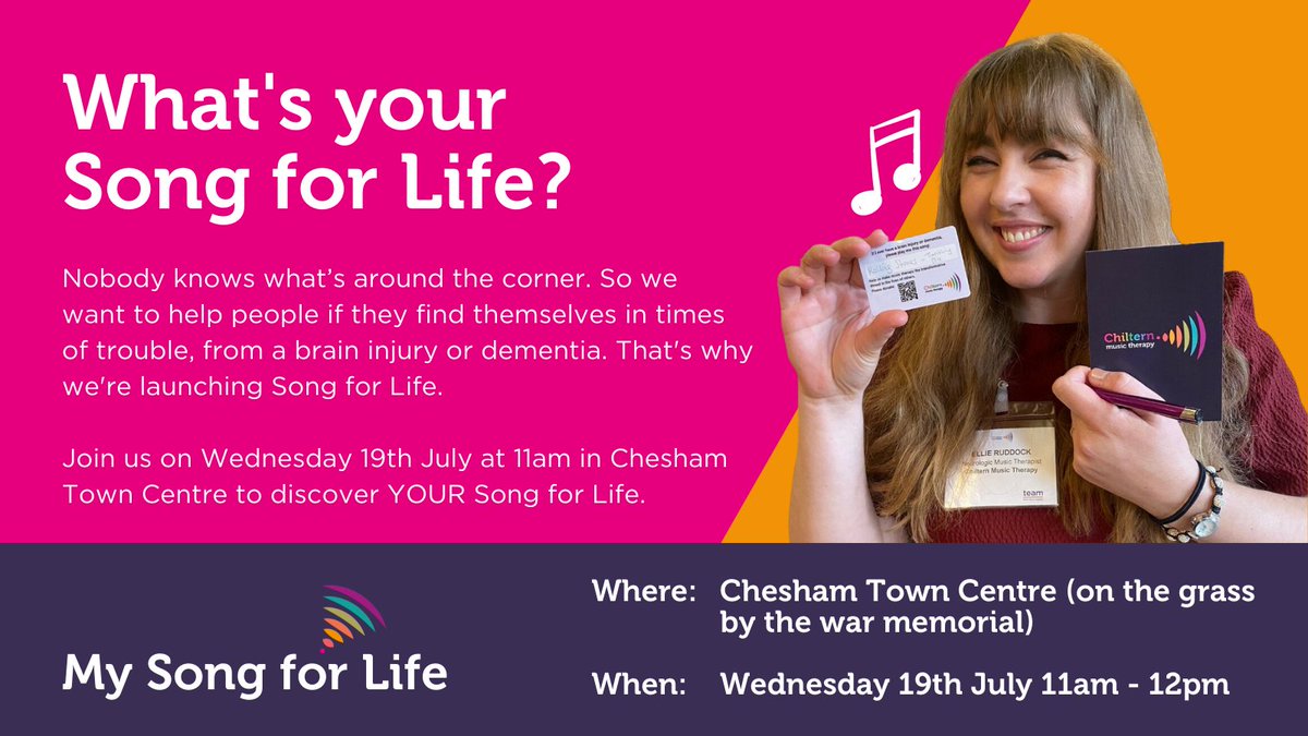 ChilternMusic's tweet photo. We are excited to be holding a launch event in Chesham for Song for Life! If you're local, do come on down to the town centre at 11am and discover YOUR song for life! We can't wait to meet you! #MySongForLife #Chesham #Buckinghamshire https://t.co/mNBhJawexM