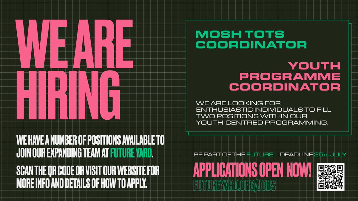 Are you interesting in working with us? 

We are looking to fill two vacancies in our Skills &amp; Development team, working across Mosh Tots and our New Noise programmes.

Info and apply: futureyard.org/jobs-opportuni…: