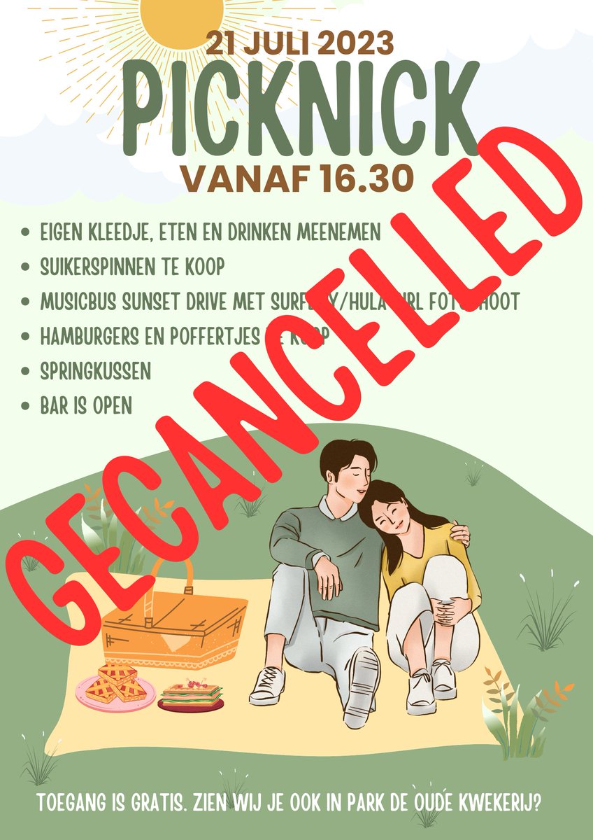 Helaas mag de geplande picknick op 21 juli NIET door gaan... Het park is nog niet veilig bevonden door de Gemeente Alkmaar waardoor de vergunning is ingetrokken