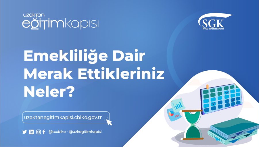 uzkegitimkapisi's tweet photo. Emeklilik tarihi, hizmet süresi ve toplam prim ödeme gün sayısını nasıl öğrenebiliriz?
 
Emeklilik iş ve işlemlerine ilişkin merak ettiğiniz soruların yanıtları Sosyal Güvenlik Kurumu tarafından hazırlanan “Ne Zaman Emekli Olurum?” eğitiminde. @tccbiko @sgksosyalmedya https://t.co/lMSXTuHvez