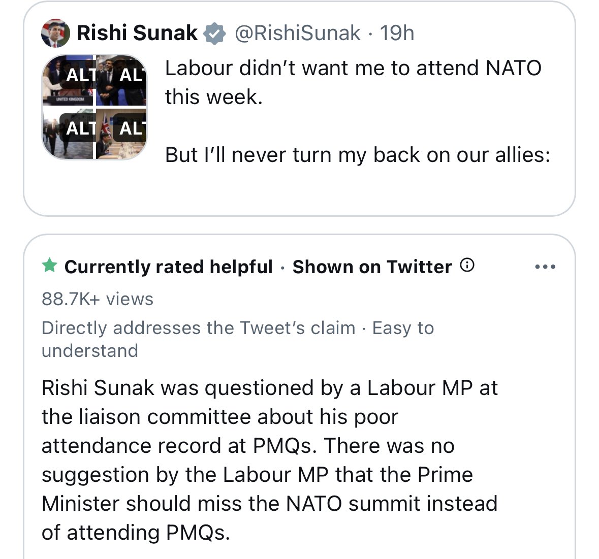 PolitlcsUK's tweet image. 🚨 | NEW: Rishi Sunak has been fact-checked by Twitter on his own Tweet for lying about Labour not wanting him to attend NATO