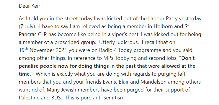 TheProleStar's tweet photo. From Diane's letter to Starmer:
"You are certainly no politician and will never be. I hoped you would be honest and fair and not a liar like Johnson, but you are no better.  You used the very popular 2019 Labour Party manifesto, fully costed, to get elected as leader as you knew you would woo those who hadn’t already seen through you.  Then as soon as you got elected you used the state of the country as an excuse to ditch every single pledge.  You were also the cause of the 2019 election result although you can never bring yourself to admit it, and now you blame others.  If you hadn’t dreamt up the sentence at the 2018 Conference about having another referendum ‘with the option to remain on the ballot paper’ Labour would have done better than they did by following the country’s wish to exit the EU, as happened in 2017.  Jeremy Corbyn should have sacked you on the spot, but unlike you, he is an honourable man" https://t.co/NfcZMqf0D0