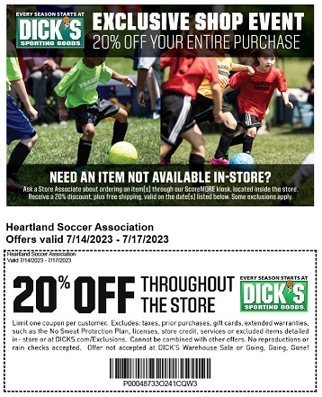 HeartlandSoccer's tweet photo. Our partner, DICK’S Sporting Goods, is offering you a 20% off discount throughout the store July 14th-17th! @DICK'S Sporting Goods https://t.co/nRp7laELFr