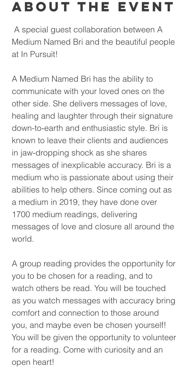 It's tonight!! The first of two group medium readings happens in store tonight 6:30 - 830pm. ONE ticket remains for tonight &amp; about 10 for Friday! You're not going to want to miss it! 

amediumnamedbri.com/workshops