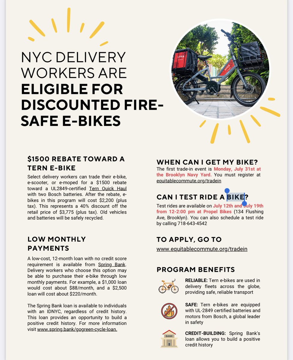 KathyParkPrice's tweet image. Delivery workers can trade their e-bike or moped for a discounted UL-certified e-bike. Old vehicles and batteries will be safely recycled. 7/31 at @BklynNavyYard is the first trade-in event. 

👏👏👏 @EquitableCP @propelbike @ternbicycles 

equitablecommute.org/tradein