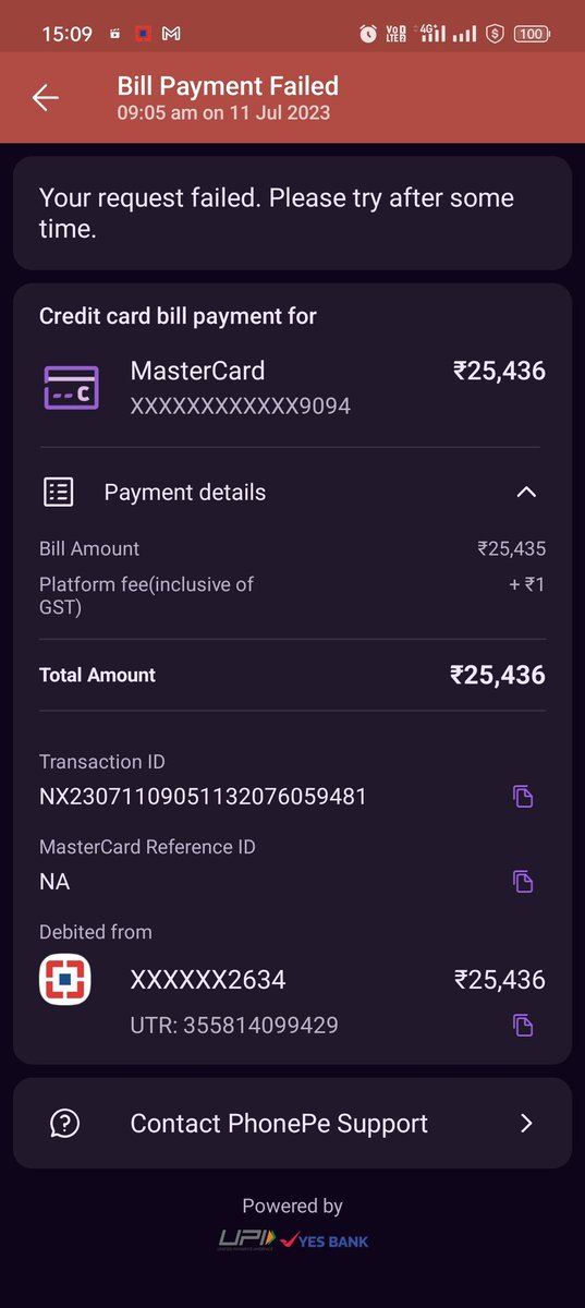 Shravangaur1992's tweet photo. @PhonePeSupport @HDFC_Bank 
Sir 
Made credit card payment 60 hours ago

Payment failed on phonepe UPI 
But debited from my account and not credited yet

Waiting from 60 hours https://t.co/xYYPwHbO1Z