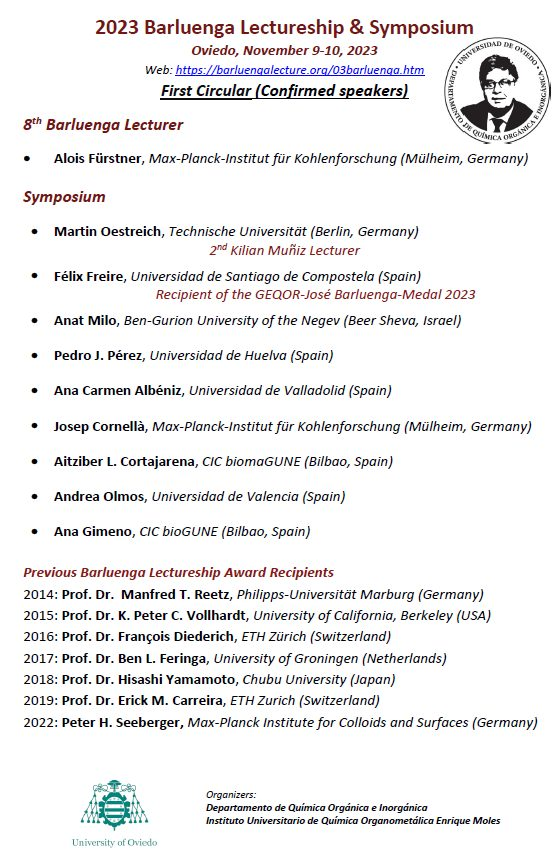 CIQSO_UHU's tweet photo. 2023 Barluenga Lectureship &amp; Symposium
Oviedo, November 9-10, 2023
Web: https://t.co/kSyZlyl2DB

8th #BarluengaConference https://t.co/uHaG2kWSFM