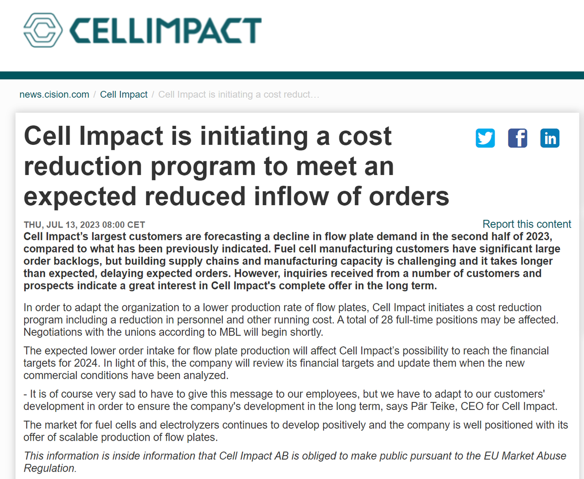 KeithDPatch's tweet photo. Supply chains never smoothly expand in concert to meet massive new demand.
Cell Impact 🇸🇪 expanded too quickly & is laying off 28 in their factory for thin metal bipolar plates for PEM fuel cells. #cellimpact $CI.SS #hydrogen #H2 #fuelcell #fuelcells #FCEV #PEM #EnergyTwitter https://t.co/z1fYW4VAen