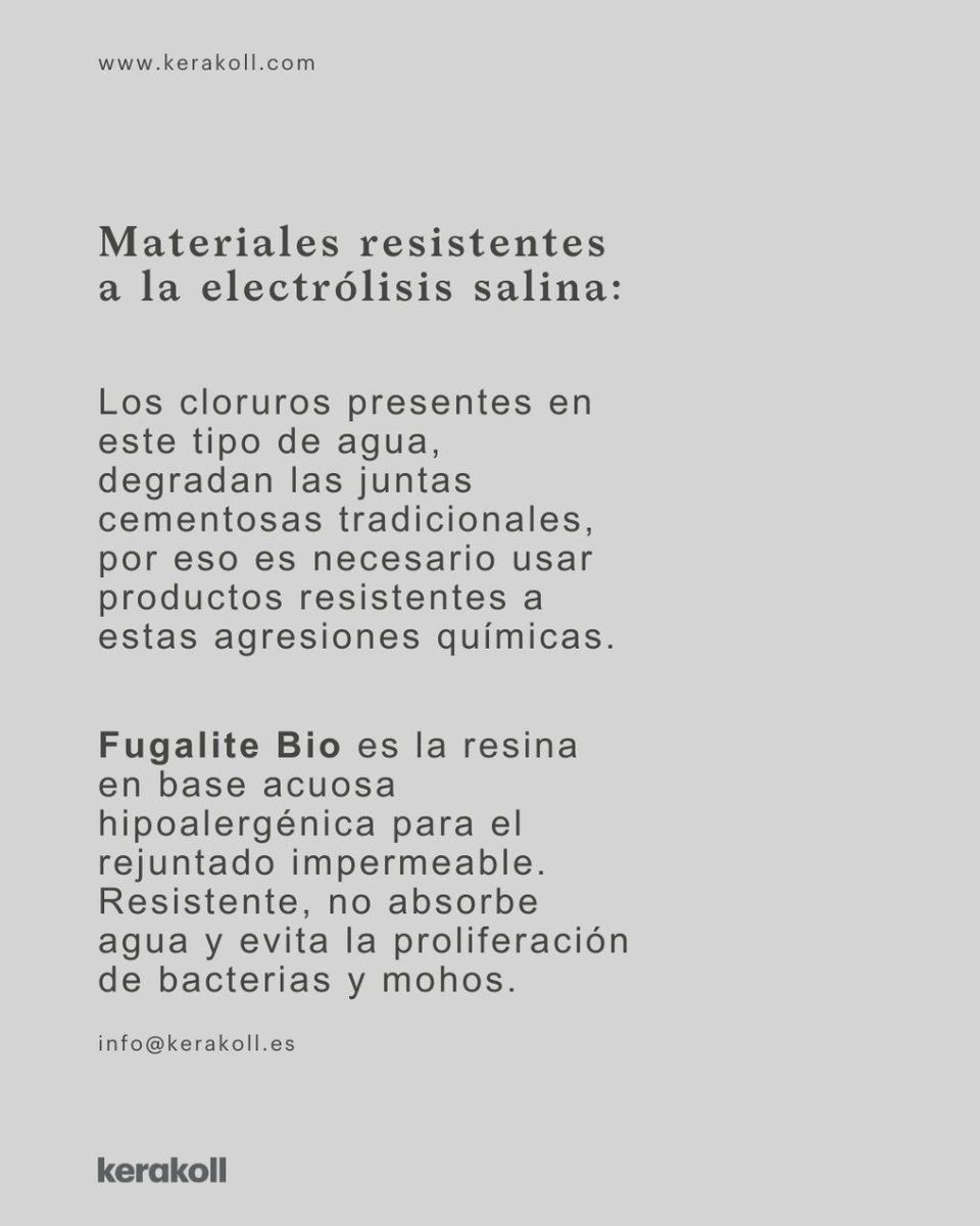 Kerakoll ES (@kerakoll_es) on Twitter photo Los cloruros presentes en piscinas tratadas con electrólisis salina degradan las juntas cementosas tradicionales. Por eso es necesario usar productos resistentes a agresiones químicas, como 𝗙𝘂𝗴𝗮𝗹𝗶𝘁𝗲 𝗕𝗶𝗼.
Más info:
📲 +34 964 251 500
📩 globalservice@kerakoll.es Los cloruros presentes en piscinas tratadas con electrólisis salina degradan las juntas cementosas tradicionales. Por eso es necesario usar productos resistentes a agresiones químicas, como 𝗙𝘂𝗴𝗮𝗹𝗶𝘁𝗲 𝗕𝗶𝗼.
Más info:
📲 +34 964 251 500
📩 globalservice@kerakoll.es
