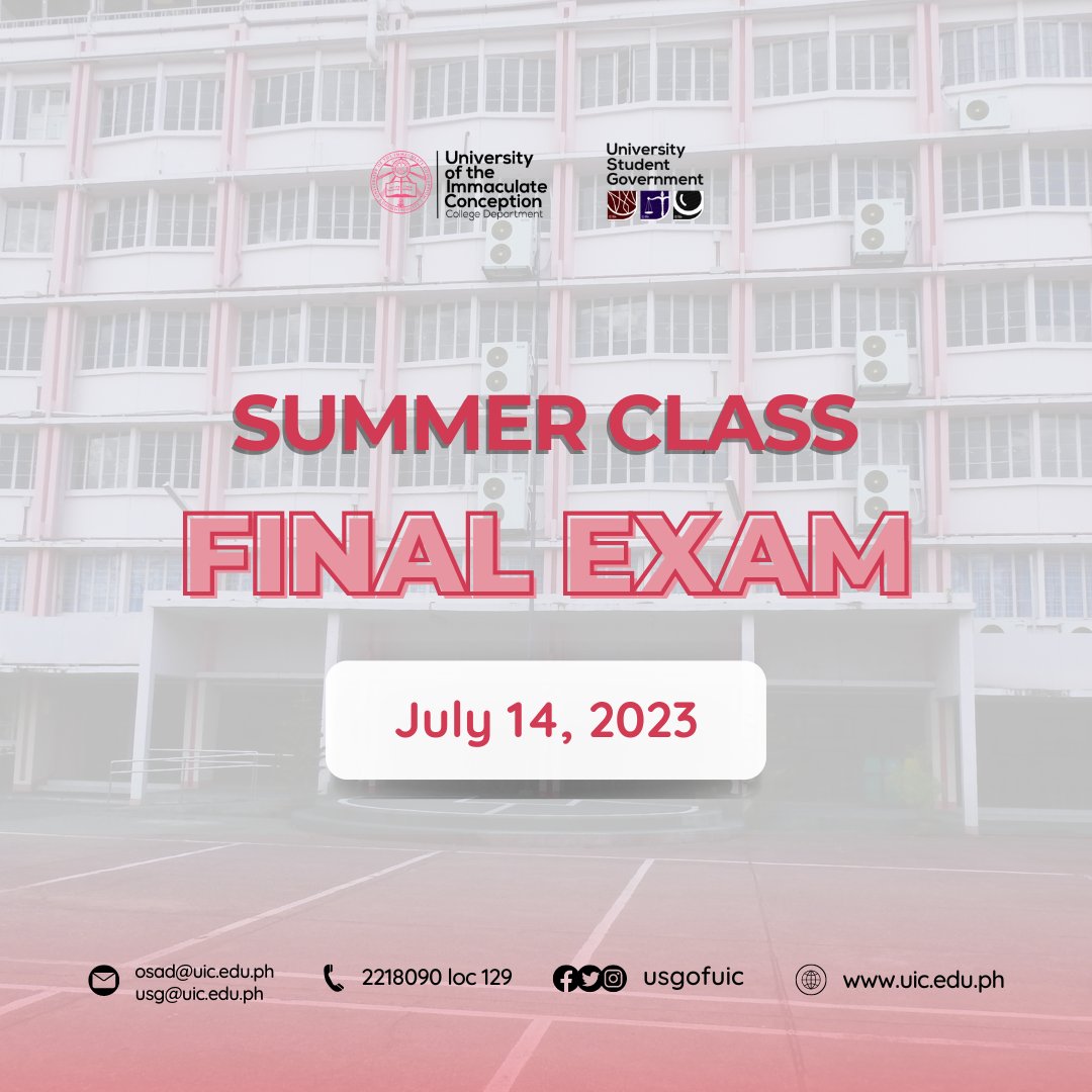 usguic's tweet photo. 𝐀𝐓𝐓𝐄𝐍𝐓𝐈𝐎𝐍 | FINAL EXAMINATION IS WAVING. 📝

Face them with confidence and embrace the end of your summer classes. Once it's over, it's time to enjoy a well-deserved vacation. Remember to settle your accounts and seek blessings from above. 🙏🏻

Laban lang, UICians! 🫶 https://t.co/NaH9wWHbz4