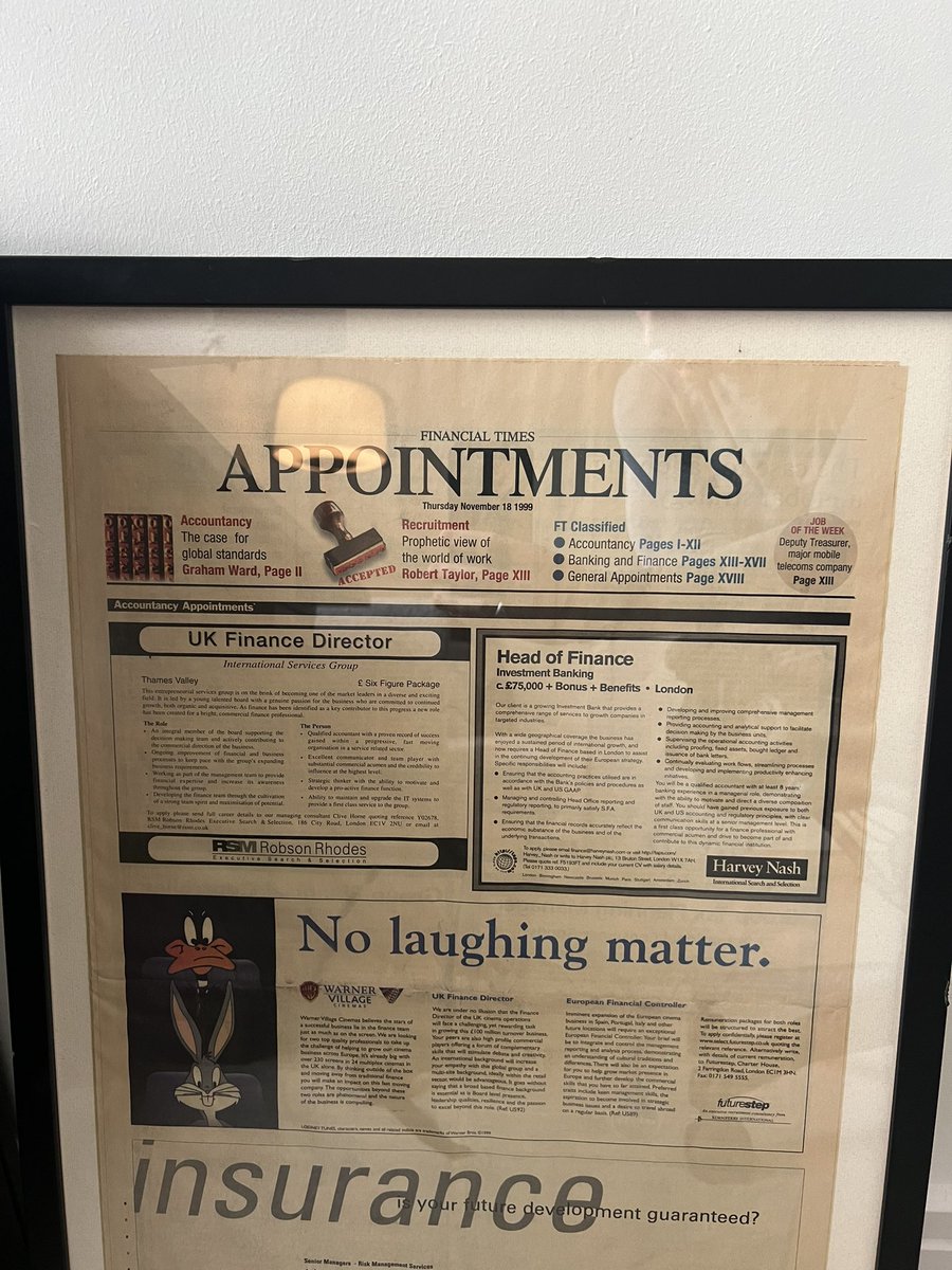 sam_kb_'s tweet photo. Financial times from the day I was born advertising a head of finance position at an IB in London. 

Starting salary of £75k + Bonus (likely 100-150% of salary) + Benefits.

Approx. £187k

At a time when the average house price in London was £157k

Today, the same position would be paid £95k with a 50% salary bonus. (£150k total)

Average house price in London today is £523k…

Ouch.