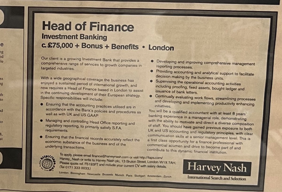 sam_kb_'s tweet photo. Financial times from the day I was born advertising a head of finance position at an IB in London. 

Starting salary of £75k + Bonus (likely 100-150% of salary) + Benefits.

Approx. £187k

At a time when the average house price in London was £157k

Today, the same position would be paid £95k with a 50% salary bonus. (£150k total)

Average house price in London today is £523k…

Ouch.