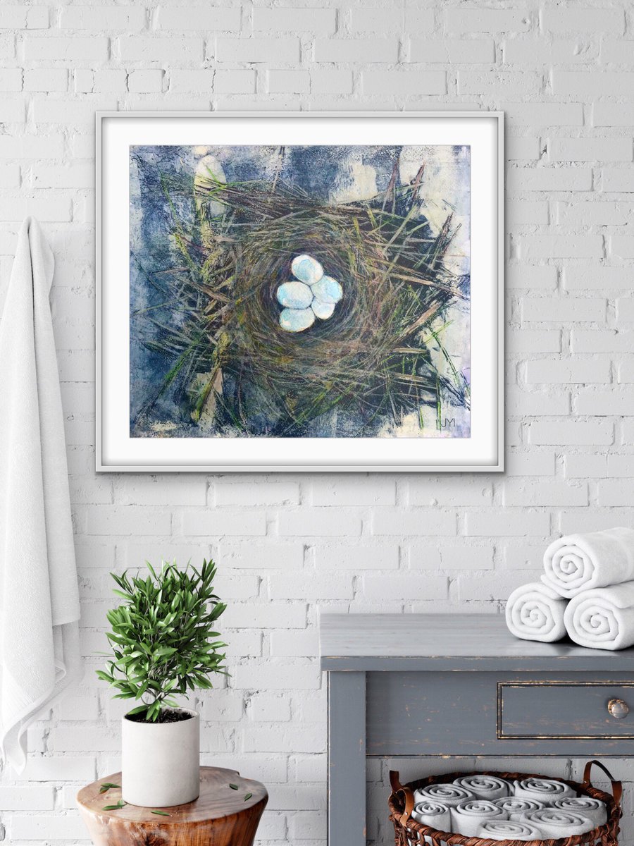 Jyistar's tweet photo. “Nest: Clutch of Eggs” painting by JYIArtworks. Acrylic &amp; Colored Pencils 12”x16” on 300 lb WC paper. https://t.co/kg7Kdy3bM0