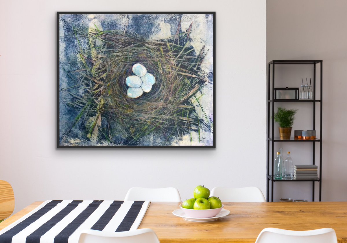 Jyistar's tweet photo. “Nest: Clutch of Eggs” painting by JYIArtworks. Acrylic &amp; Colored Pencils 12”x16” on 300 lb WC paper. https://t.co/kg7Kdy3bM0