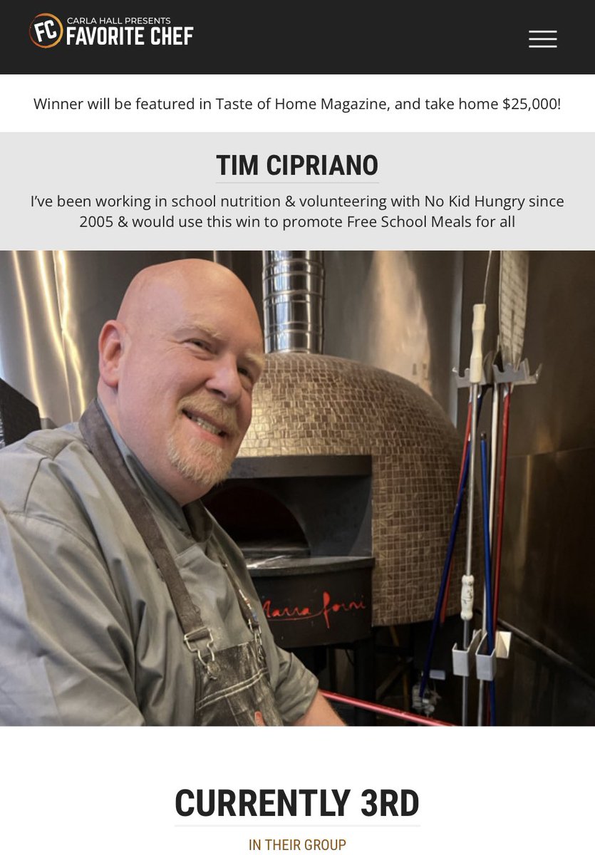 CipTraining's tweet image. Thank you to everybody the votes every day for me for #FavoriteChef.

I'm still in 3rd place which is a great spot until the next round that happens Friday.

#ANC23 #WHConfHungerHealth #cheflife #schoolnutrition #pizzanapoletana #italian #NoKidHungry 

favchef.com/2023/tim-cipri…