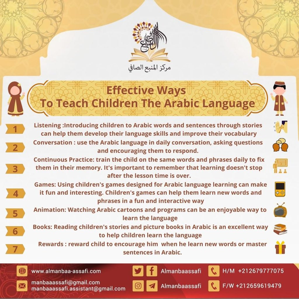 AlmanbaaAssafi's tweet image. 📝Teaching children the  Arabic language can be a challenging task, but there are several effective ways to make it fun and engaging. Here are some tips for parents and educators to help children learn Arabic🇸🇦

#muslimfamily #muslimparents #Arabic #islameducation