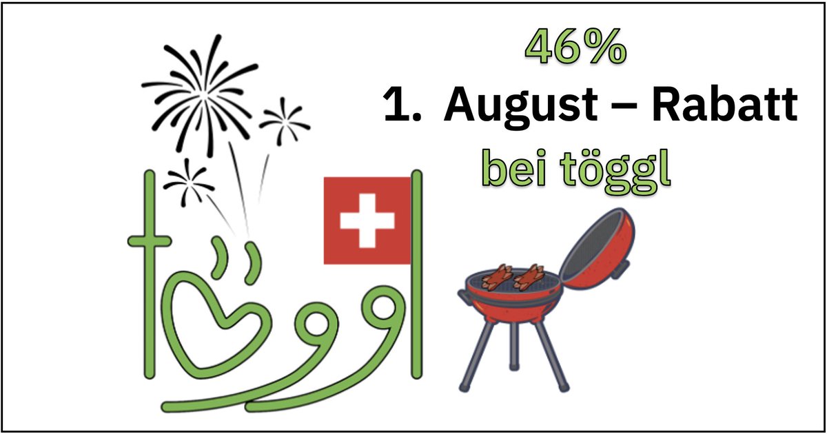 toeggl's tweet photo. Happy Birthday Schweiz!
46% essen den Cervelat vom Grill – natürlich die leckerste Art, diesen zu essen.
Wir feiern das mit 46% Rabatt auf alle Transkriptionen vom 31. Juli bis 1. August 2023 – dem Nationalfeiertag 🎉
#töggl #nationalfeiertag #swissnationalday #cervelat #recapp https://t.co/6tsPicRM10