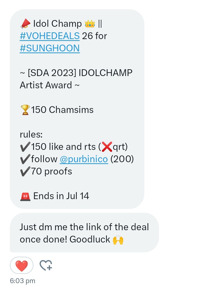 📣 Idol Champ 👑 || #VOHEDEALS 26 for #SUNGHOON 

~ [SDA 2023] IDOLCHAMP Artist Award ~

🏆150 Chamsims

rules:
✔️150 like and rts (❌qrt)
✔️follow <a href="/purbinico/">Rin 🦉</a> (200)
✔️70 proofs

🚨 Ends in Jul 14

#ENHYPEN #ENFuelUp #ENVOOSTERS