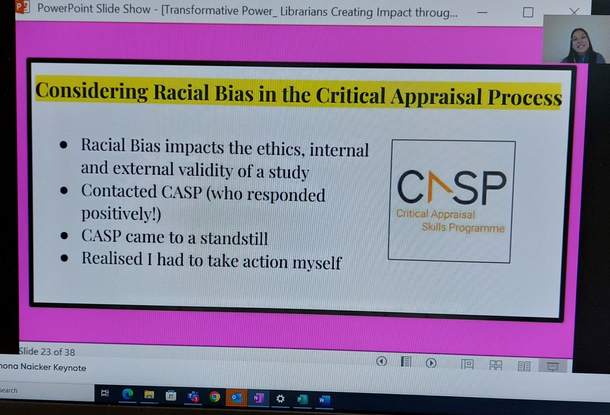 libraryquays's tweet image. Ramona Naiker @bakedbeanpizza discussing her work on racial bias in and critical appraisal  #libpmc