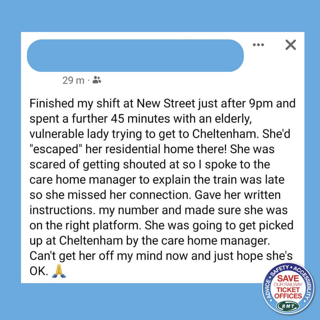 Ticket Office workers don't just sell tickets.
Plans to close ticket offices will lead to thousands of job cuts.
De-staffing stations will dehumanise the railway; who will be there in the future?
#SaveTicketOffices