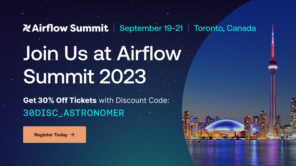📢 Don't miss out on Airflow Summit! ⏰ Grab your ticket now with our exclusive discount code. 🎉 

Join global #data leaders for 3 days of valuable sessions and epic parties in Toronto, Sept. 19-21! 🌎✨ #AirflowSummit2023 

Get yours at: bit.ly/46DQBVv