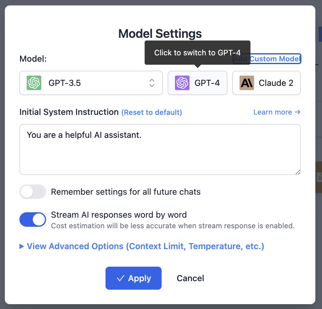 PuppyCoding's tweet photo. @cameronreilly @TypingMindApp If you click on "GPT-3.5" in the main screen, you should see a "Model Settings" popup. Clicking "GPT-4" worked for me. https://t.co/1KwCliHnH5