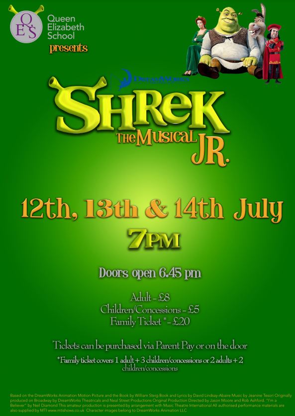 Last night was the opening night of our school production ‘Shrek The Musical JR’! The cast will be performing again tonight &amp; tomorrow evening. , &amp; promise to deliver an outstanding show. Please do come and show your support; full details on attached poster #QESLife #shrek