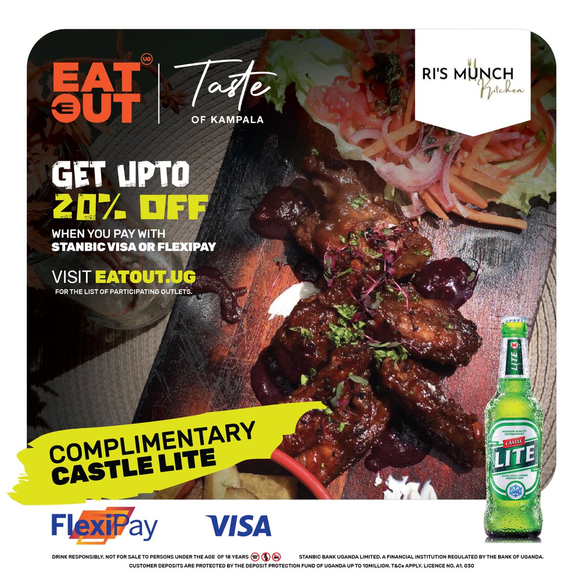 A mouth watering experience awaits you @rismunch_ this #Tasteofkampala week and enjoy discounts of up to 30% when you pay with Stanbic Flexipay and wash it all down with a complimentary castle Lite !