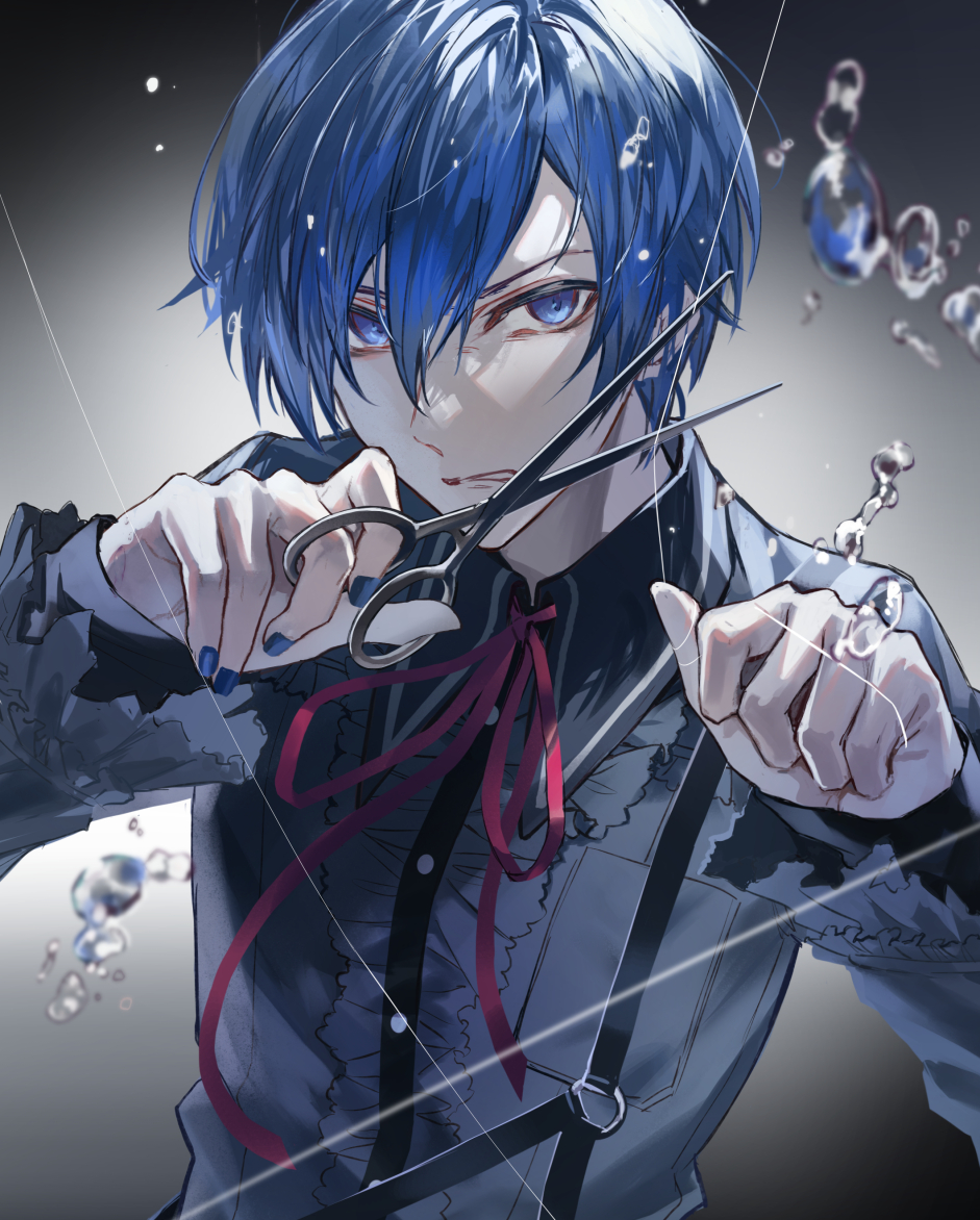 kaito (vocaloid) blue hair blue eyes scissors male focus solo 1boy holding  illustration images